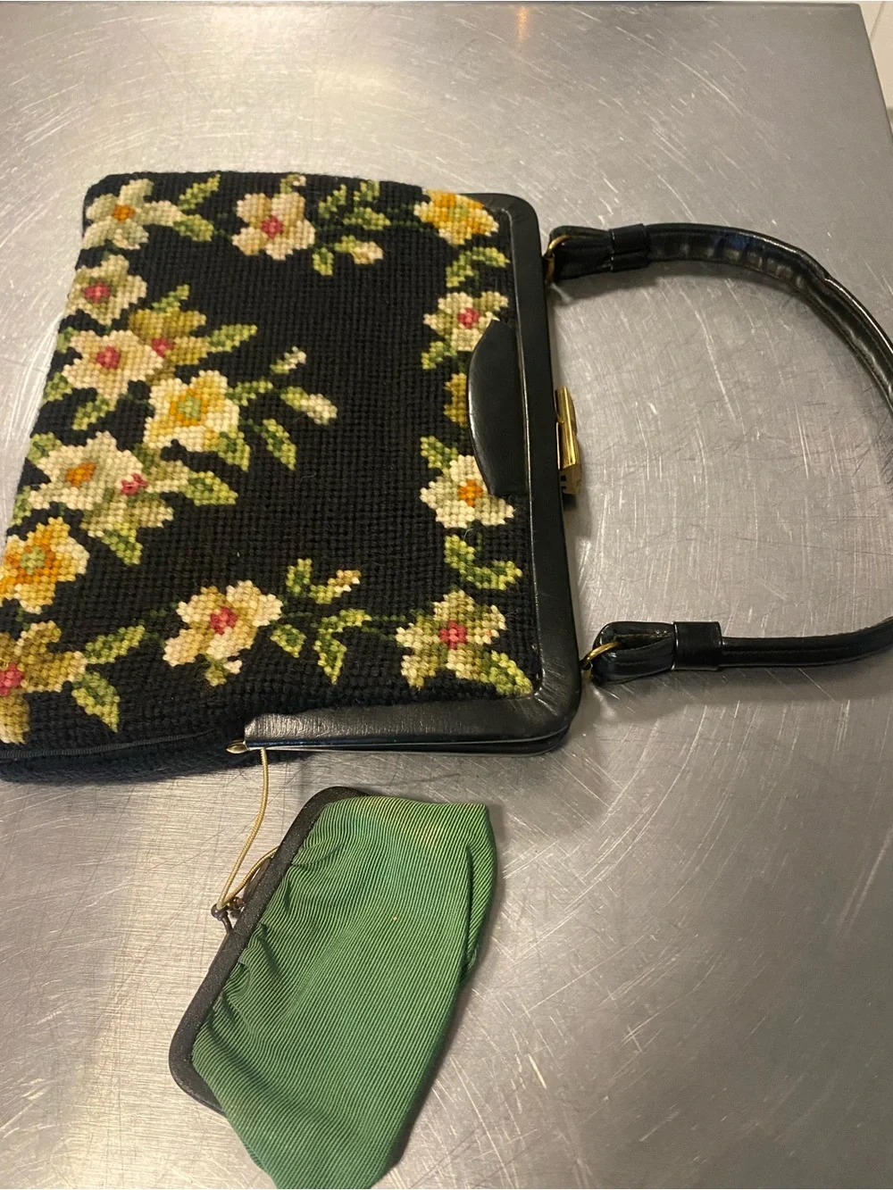 Vintage Floral Needlepoint Top-Handle Bag in Black and Cream